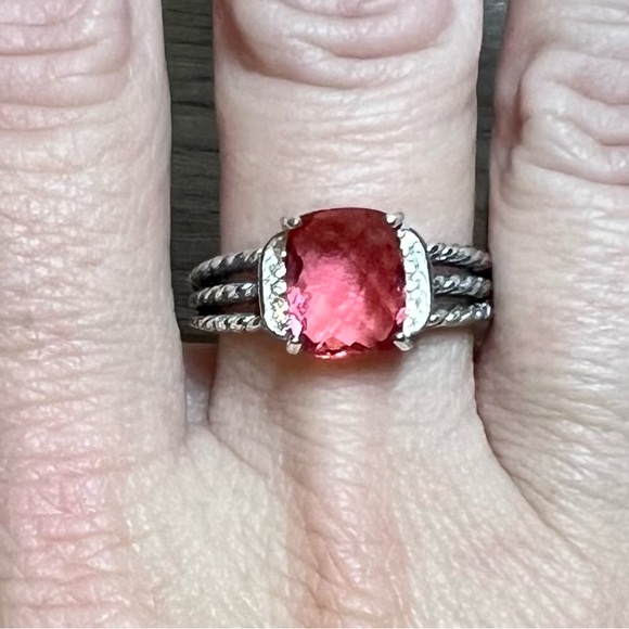 David Yurman Sterling Silver Petite Wheaton 10x8mm Pink Tourmaline/Diamond Ring - Picture 6 of 8